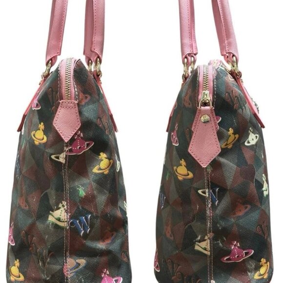 VIVIENNE WESTWOOD Hand Tote Bag PVC Brown pink Multicolor Orb from Japan - Picture 4 of 14